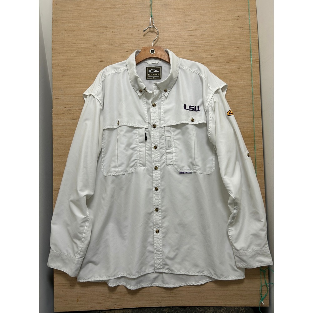 Drake Waterfowl‎ LSU Tigers Fishing Shirt Mens XL White Long Sleeve Vented PFG
